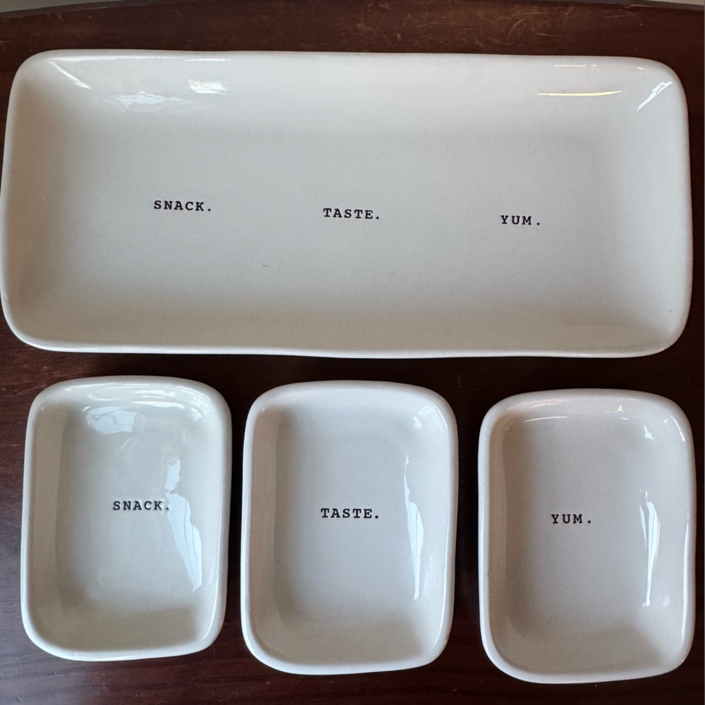 Rae Dunn 4 piece Ceramic Serving Dish Set Snack Taste Yum Excellent condition